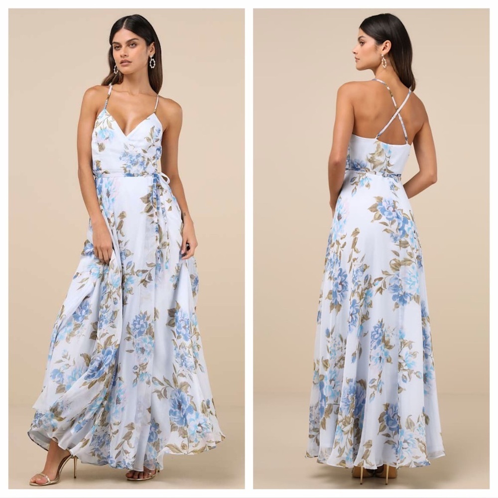 Lulus Oh-So Romantic Pale Blue Floral Print Sleeveless Wrap
Maxi Dress